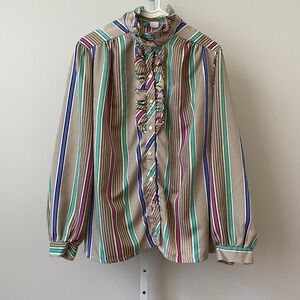 Lady Holiday Quirky Victorian Office Siren Ruffle Stripe Blouse L Multi